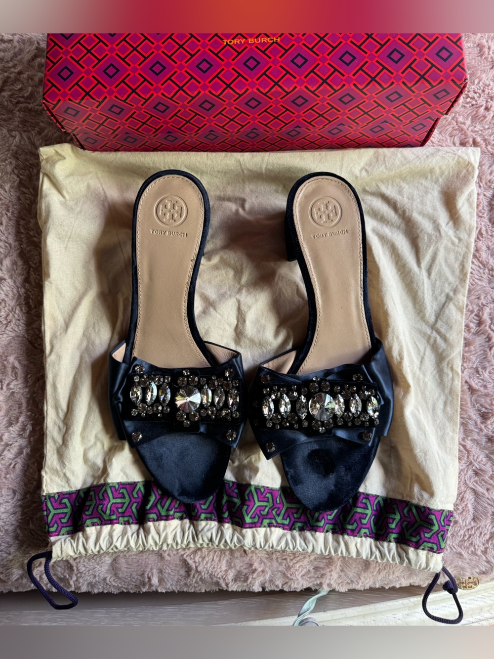 Tory Burch Black Jeweled Bow Slide Mules - Picture 3 of 4